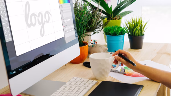 desk with computer and pen tablet logo design